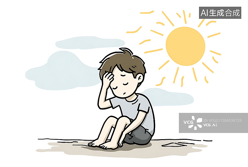 【AI数字艺术】夏季高温中暑插画：卡通儿童户外受热，头晕脸红出汗展现炎热天气防暑主题图片素材
