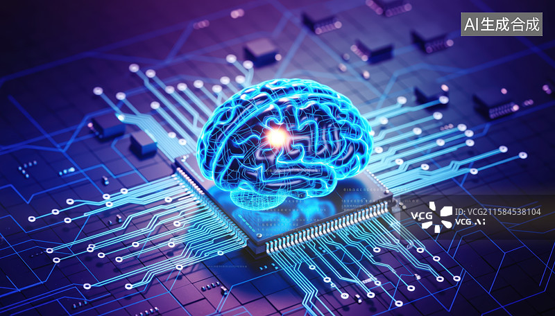 【AI数字艺术】电路板上的发光大脑图片素材