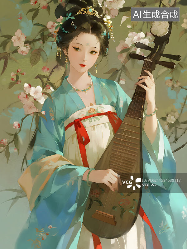 【AI数字艺术】东方美学，宋朝美女，繁花盛开的背景图片素材