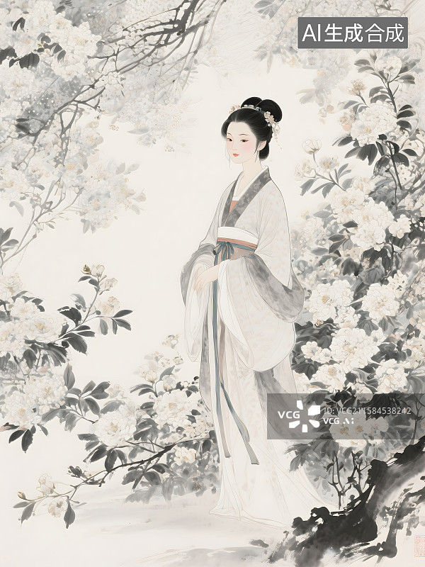 【AI数字艺术】东方美学，宋朝美女，繁花盛开的背景图片素材