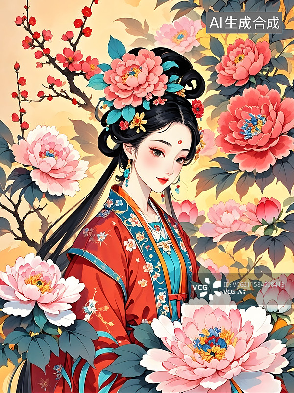 【AI数字艺术】东方美学，宋朝美女，繁花盛开的背景图片素材