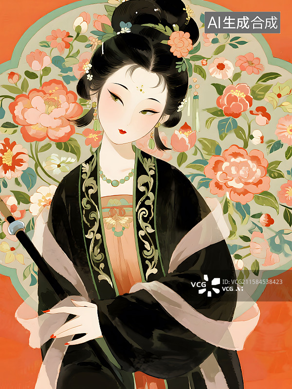 【AI数字艺术】东方美学，宋朝美女，繁花盛开的背景图片素材