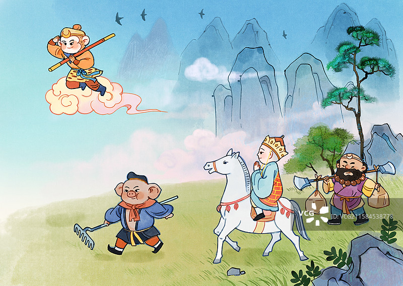 西游记师徒四人西天取经水墨卡通横版插画图片素材