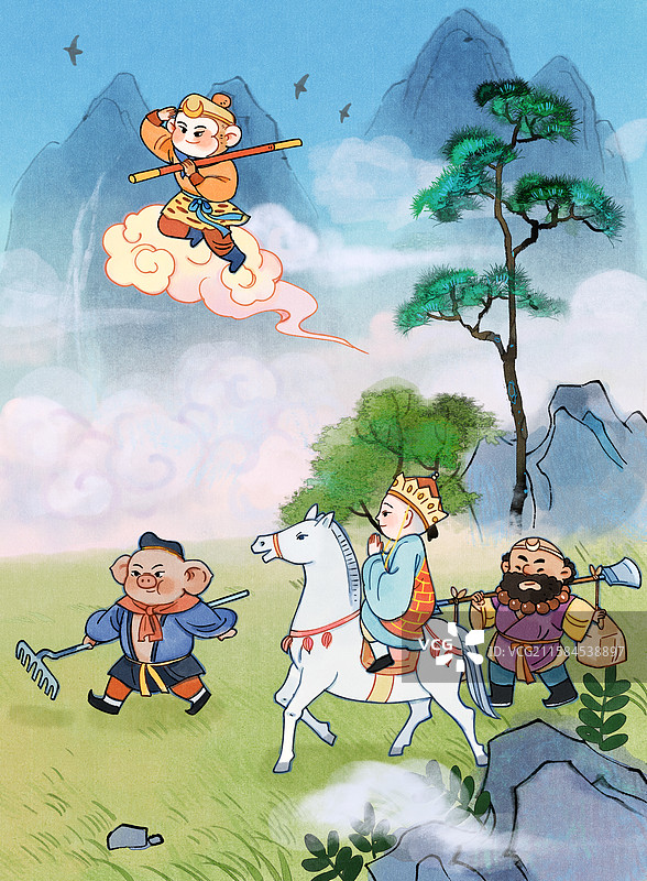 西游记师徒四人西天取经水墨卡通竖版插画图片素材