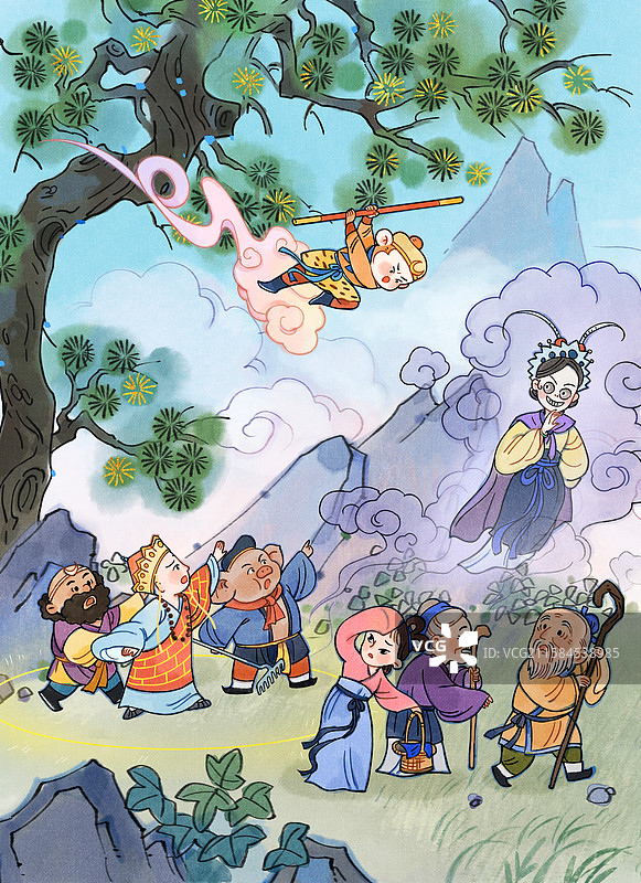 西游记孙悟空三打白骨精师徒四人水墨卡通竖版插画图片素材