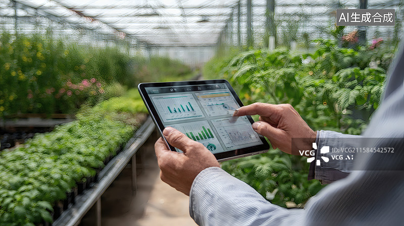 【AI数字艺术】温室中农民使用数字平板监测作物生长图片素材
