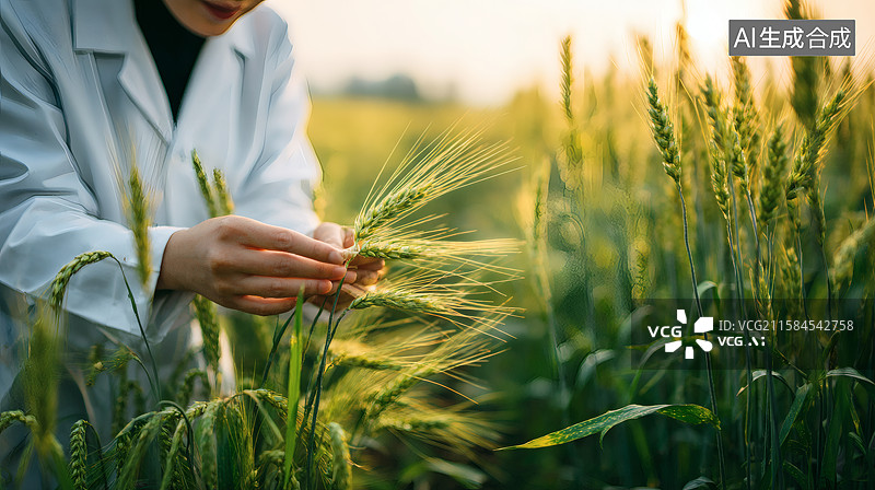 【AI数字艺术】科学家在夕阳下检查麦田作物图片素材