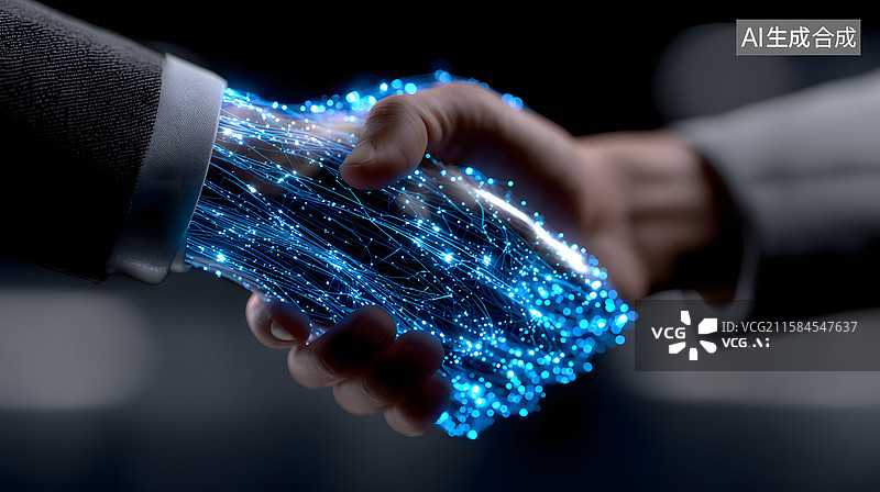 【AI数字艺术】光纤握手，象征科技合作图片素材