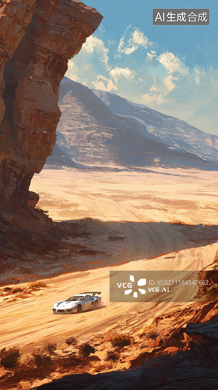 【AI数字艺术】沙漠赛道上的疾驰赛车图片素材