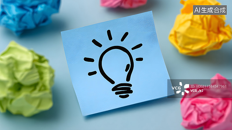 【AI数字艺术】蓝色背景下创意灯泡草图与彩色皱纸图片素材