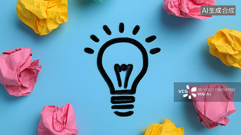 【AI数字艺术】蓝色背景下创意灯泡草图与彩色皱纸图片素材