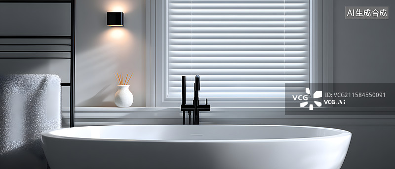 【AI数字艺术】极简现代浴室设计带灰色金属水龙头图片素材