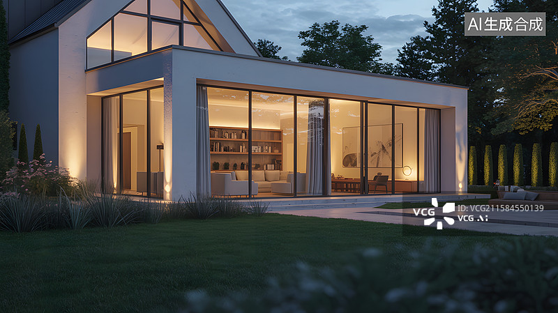 【AI数字艺术】现代别墅夜景图片素材