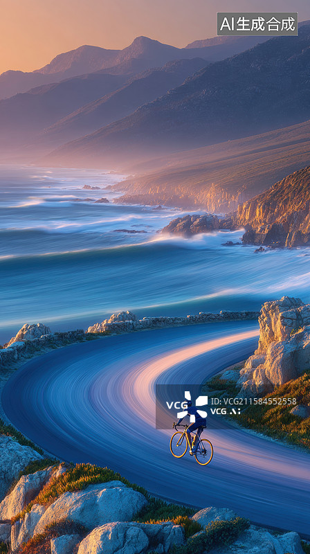 【AI数字艺术】海边山路上的骑行者图片素材