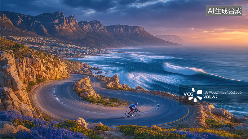 【AI数字艺术】海边公路骑行，夕阳下的海岸风光图片素材