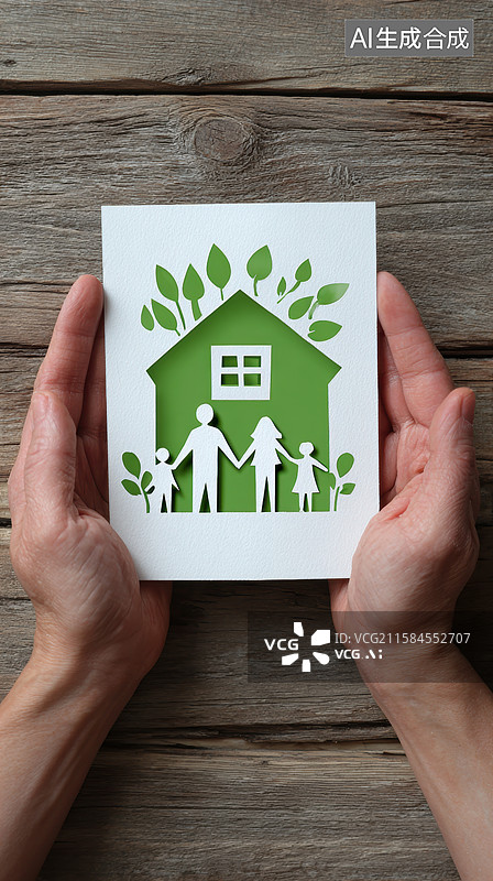【AI数字艺术】双手捧着绿色房屋与家庭剪纸图片素材