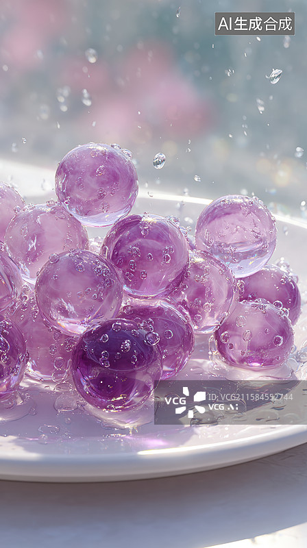 【AI数字艺术】紫色水晶珠在水中的特写图片素材