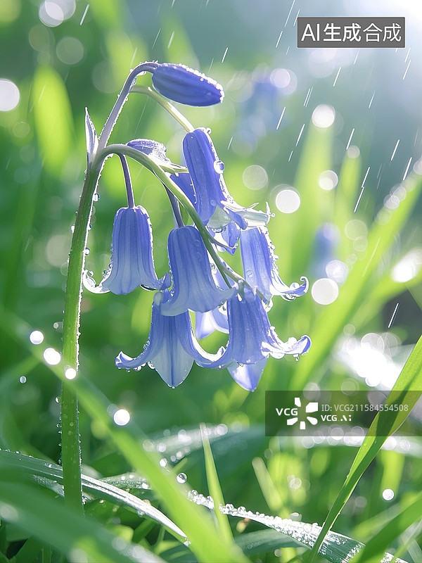 【AI数字艺术】雨后风中的蓝铃花插画广告配图背景图片素材