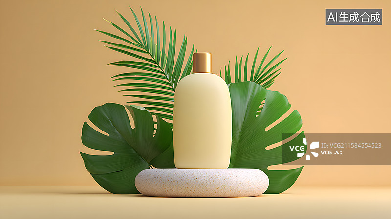 【AI数字艺术】化妆品产品陈列于自然热带展台图片素材