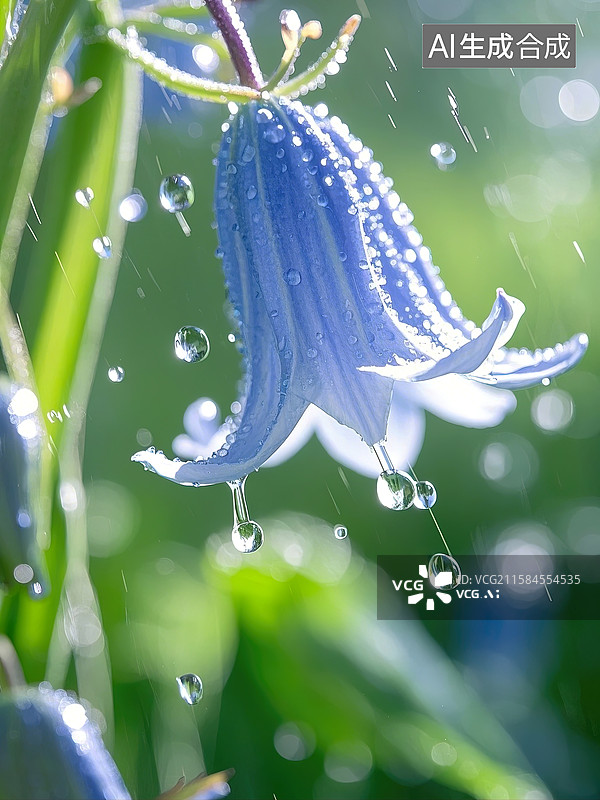 【AI数字艺术】雨后风中的蓝铃花插画广告配图背景图片素材