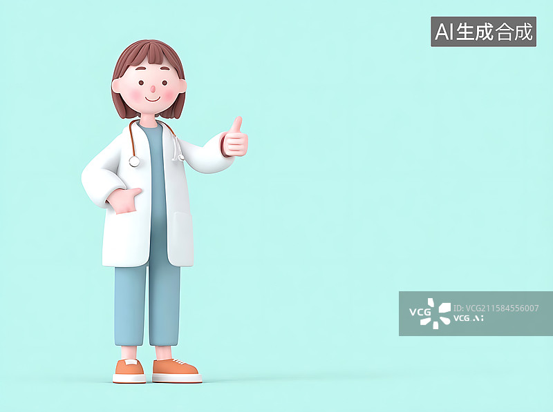 【AI数字艺术】医疗健康卡通场景：3D 卡通医生穿白大褂戴听诊器，点赞呈现可爱职业形象画面图片素材
