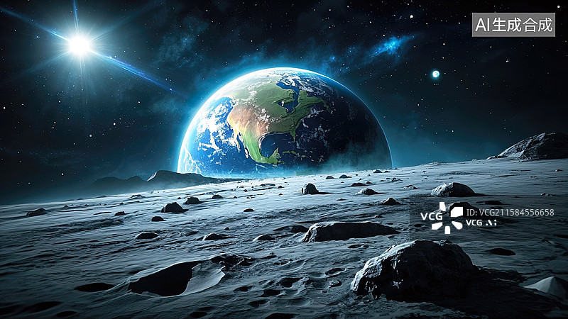 【AI数字艺术】在月球表面观察地球巨大而清晰插画背景配图图片素材