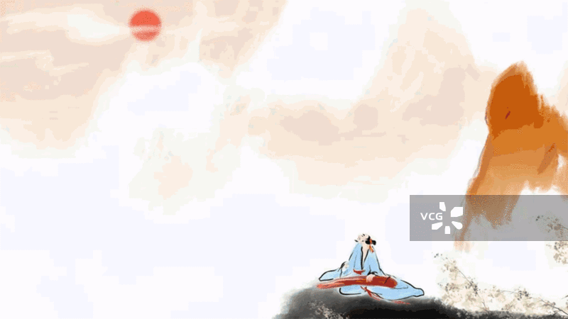 水墨画 中国风 日出 山 故人 文学 弹琴 干山流水图片素材