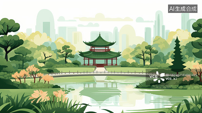 【AI数字艺术】中国风山水画亭台楼阁插画图片素材