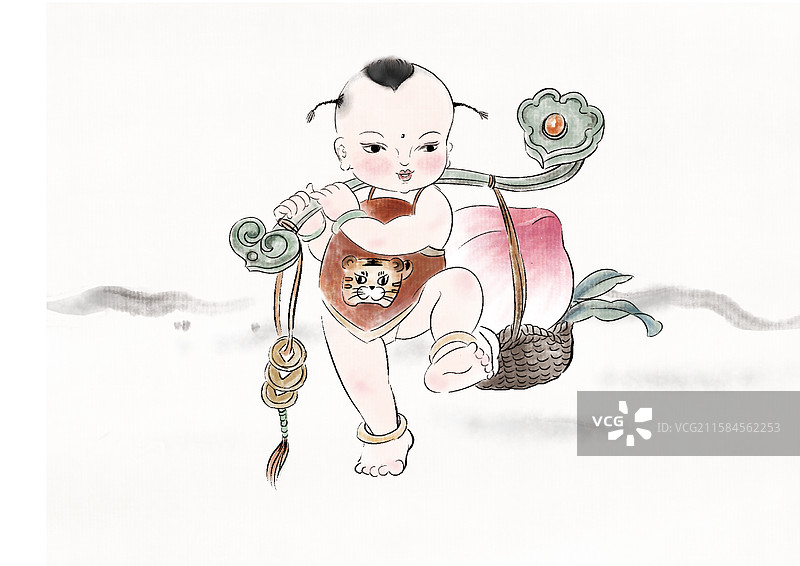 福娃挑寿桃如意图片素材