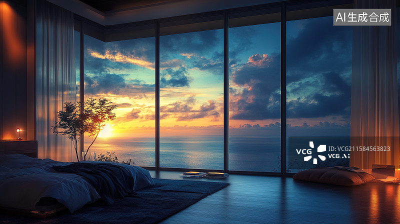 【AI数字艺术】窗外的夜色 夜晚的卧室图片素材