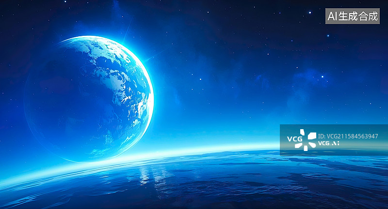 【AI数字艺术】在太空中观察地球巨大而清晰插画背景配图图片素材