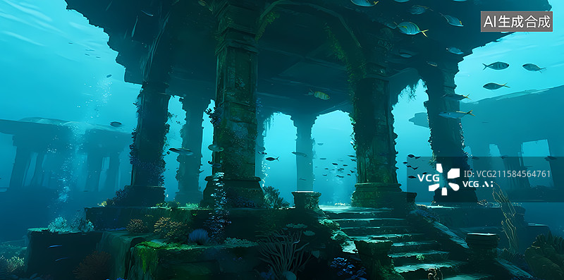 【AI数字艺术】水下古建筑遗址图片素材