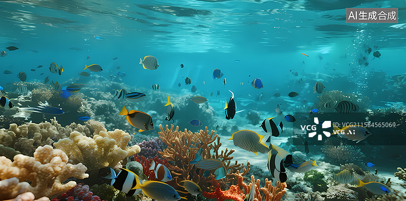 【AI数字艺术】珊瑚礁与热带鱼群的海底世界图片素材