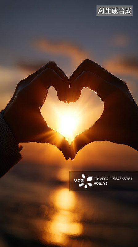 【AI数字艺术】双手比心，夕阳映照图片素材