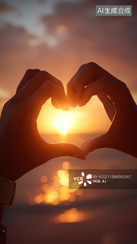 【AI数字艺术】双手比心，夕阳映衬图片素材
