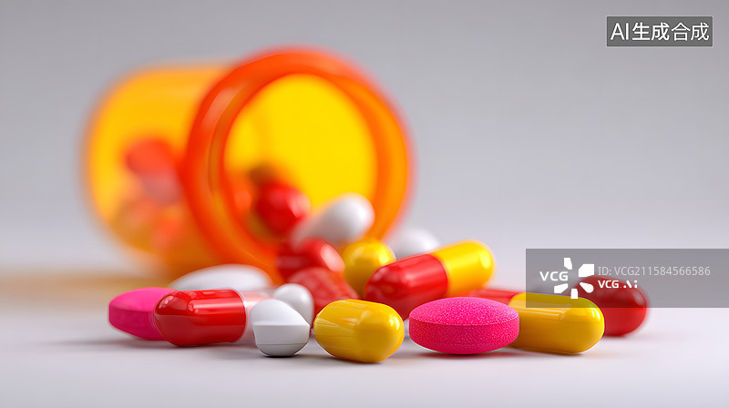 【AI数字艺术】白色桌面上的药片胶囊组合图片素材