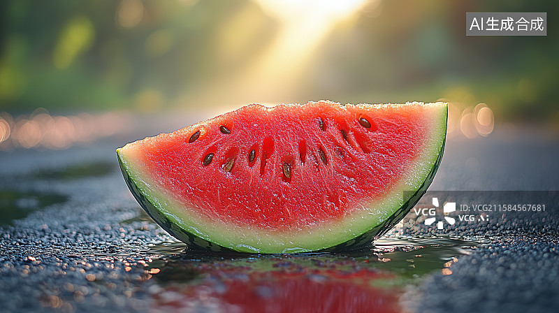 【AI数字艺术】炎热夏天切开的冰爽清凉清甜的红瓤西瓜特写图片素材
