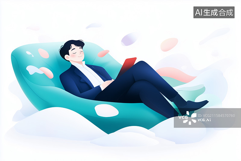 【AI数字艺术】躺在沙发上闭目养神的商务青年的极简卡通插画图片素材