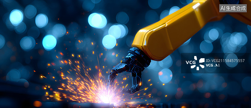 【AI数字艺术】黄色激光焊接机械臂工厂场景图图片素材