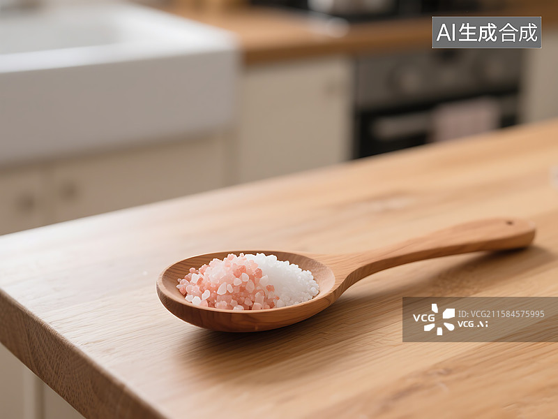 【AI数字艺术】粉色的盐 喜马拉雅海盐 木勺 海盐颗粒图片素材