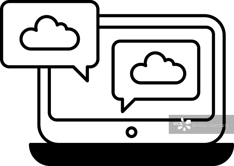 一台笔记本电脑屏幕上有两朵云和两个对话框图片素材