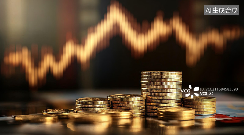 【AI数字艺术】金币堆叠与波动图表背景图片素材