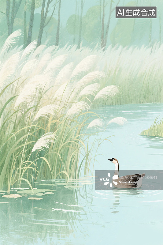 【AI数字艺术】中国风二十四节气插画-秋天 湖面上几只鹅悠闲游动，周围芦苇随风摇曳，古诗绘本封面配图 竖版图片素材