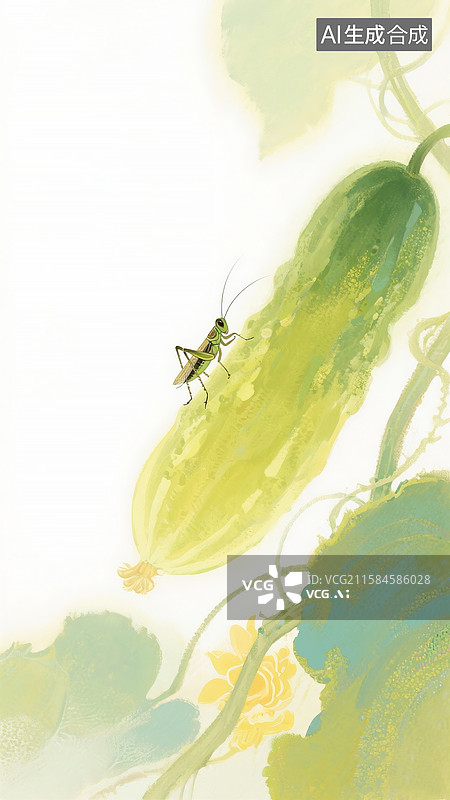 【AI数字艺术】中国风二十四节气插画-夏天 黄瓜上的昆虫水彩画 儿童古诗绘本配图 竖版图片素材