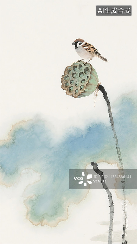 【AI数字艺术】中国风二十四节气插画-夏天 国风水墨莲子 麻雀落莲蓬上 古诗绘本配图 水墨晕染痕迹 竖版图片素材