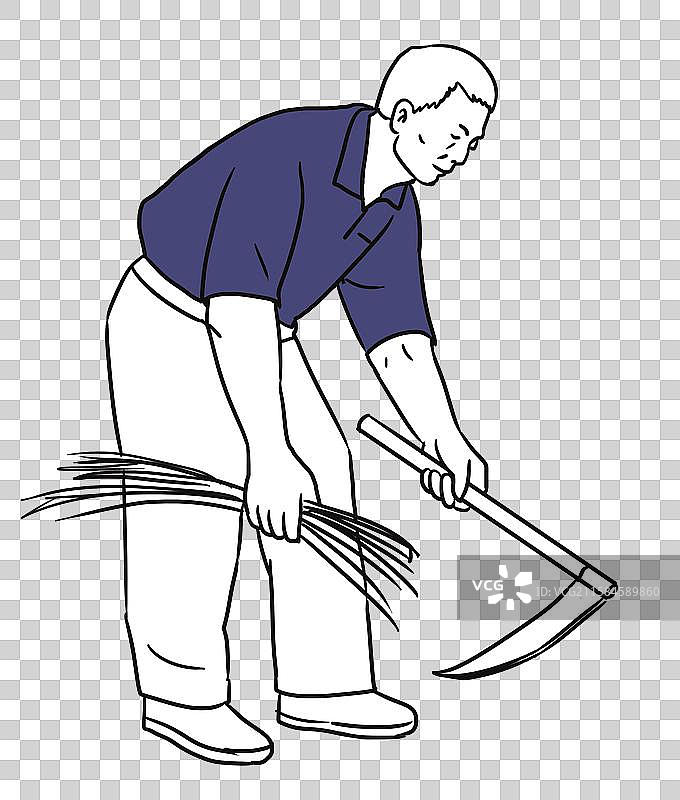 乡村乡下农村农业农民干农活劳动镰刀割麦子割水稻稻谷黑白风格插画图片素材