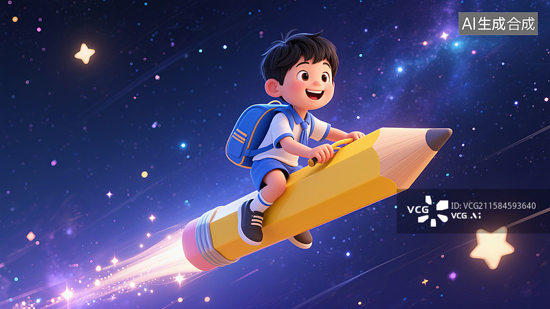【AI数字艺术】男孩背着书包骑在铅笔上，像火箭般在星空中飞行，周围闪烁着星星图片素材