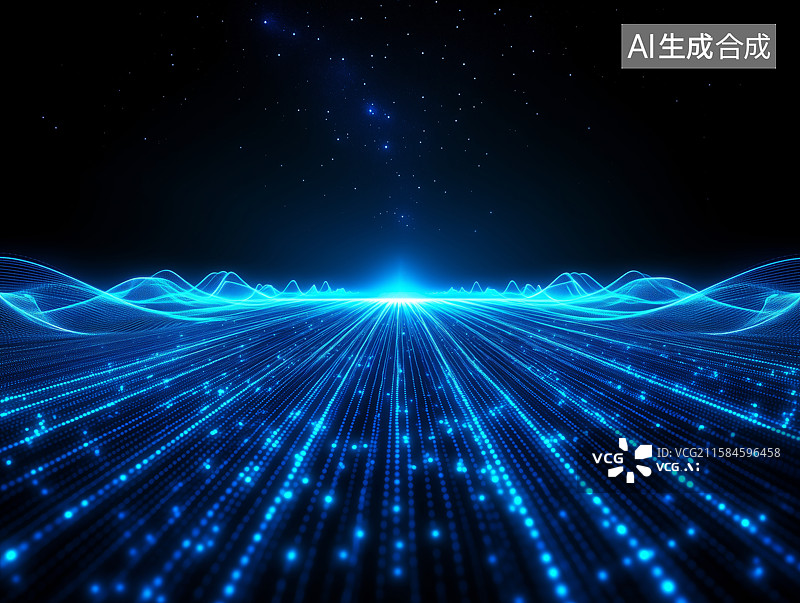 【AI数字艺术】蓝色的科技感光轨与数据传输的抽象背景插画图片素材