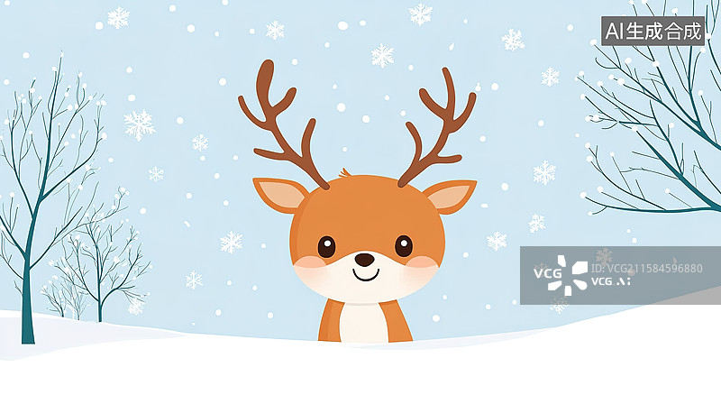 【AI数字艺术】扁平风冬天雪地里的一只可爱小鹿图片素材