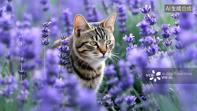 【AI数字艺术】狸花猫与紫色的薰衣草图片素材